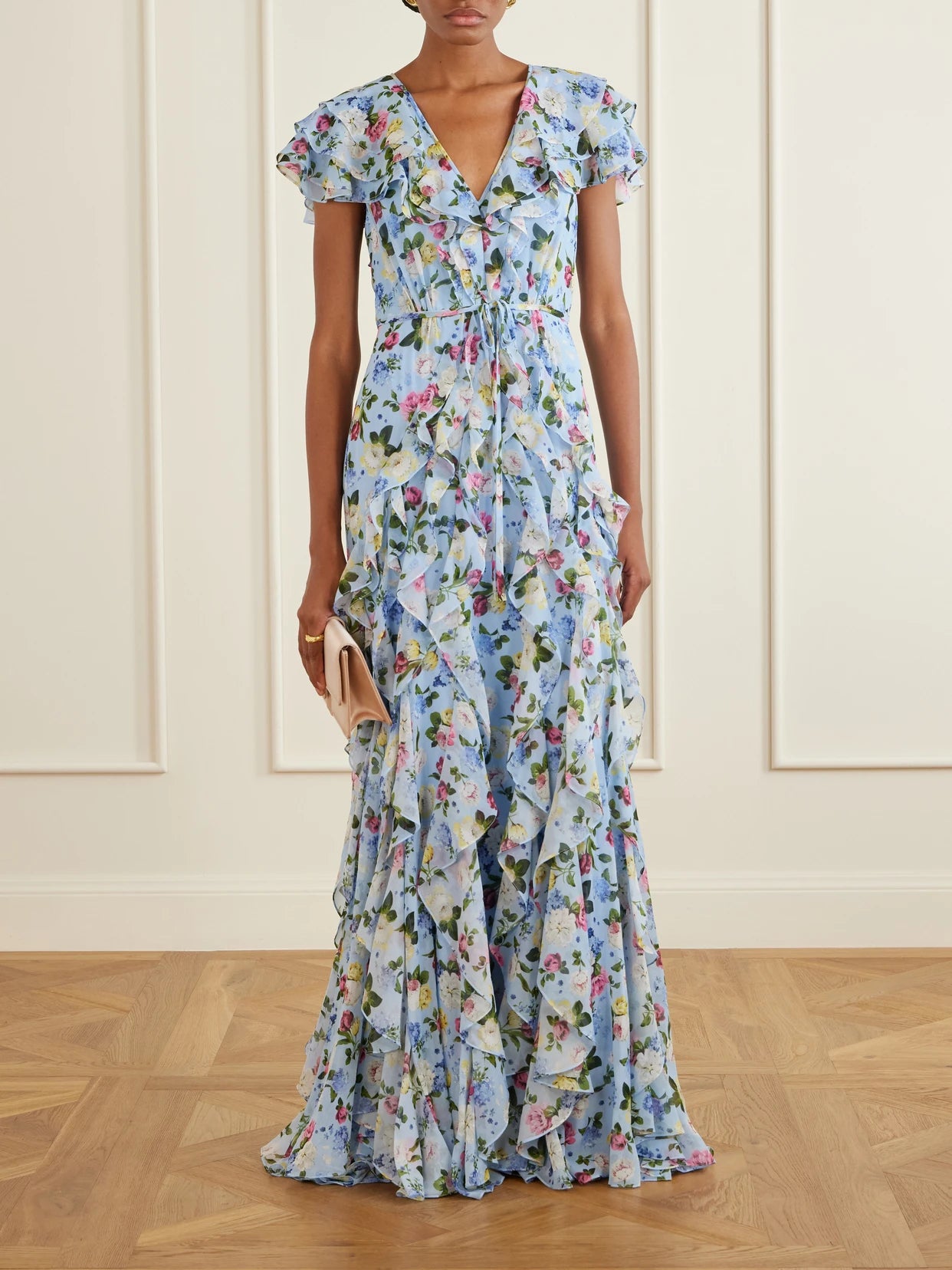 Image of Dresses. Product name - Ruffled Floral-printed Silk Chiffon Gown in Blue colour by brand - Carolina Herrera