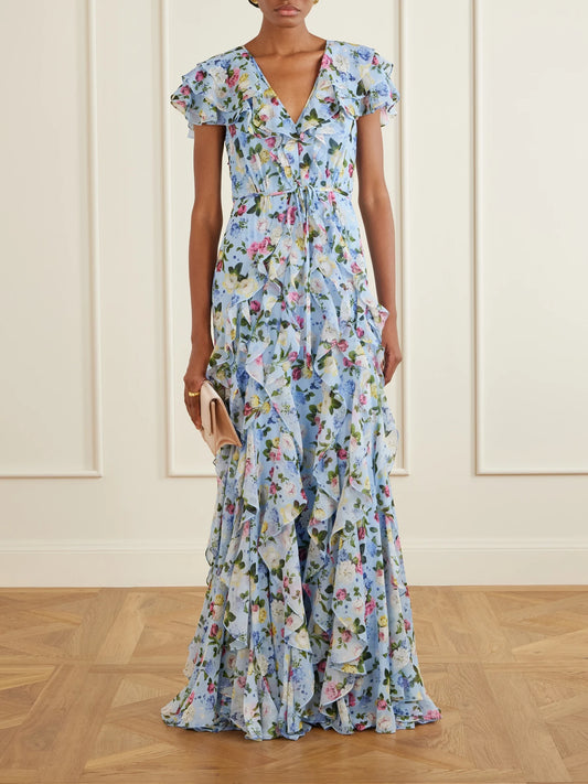 Image of Dresses. Product name - Ruffled Floral-printed Silk Chiffon Gown in Blue colour by brand - Carolina Herrera