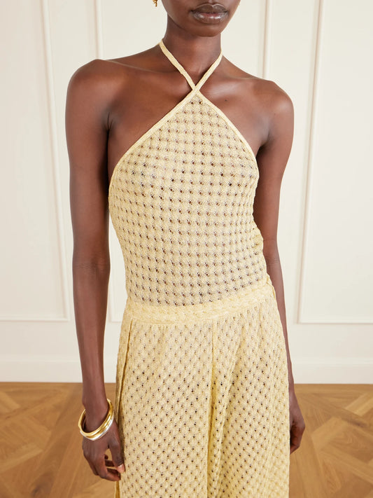 Mare Cropped Metallic Crochet-knit Halterneck Top