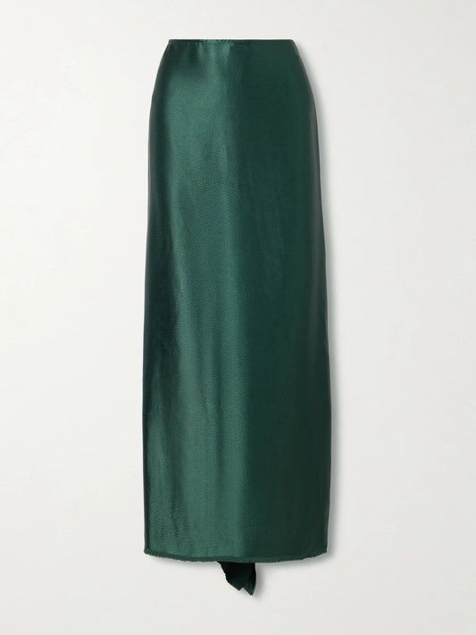 Image of a model wearing Skirts. Product name - Jovie Crepe-satin Midi Skirt in Forest green colour by brand - FFORME
