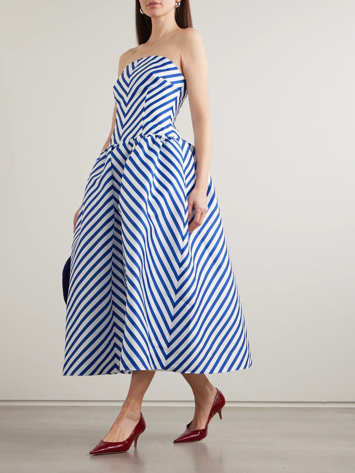 Image of Dresses. Product name - Strapless Striped Taffeta Midi Dress in Navy colour by brand - Self-Portrait