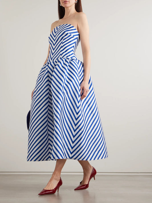 Image of Dresses. Product name - Strapless Striped Taffeta Midi Dress in Navy colour by brand - Self-Portrait