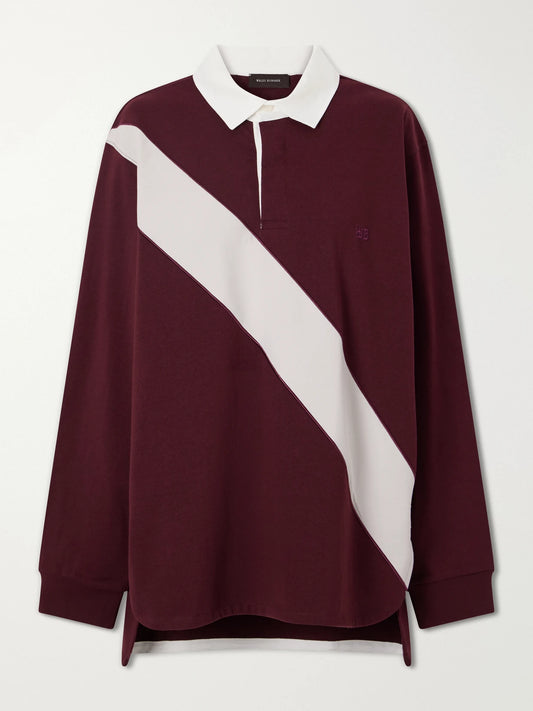 Image of a model wearing Tops. Product name - Prism Cotton-jersey Polo Shirt in Merlot colour by brand - Wales Bonner