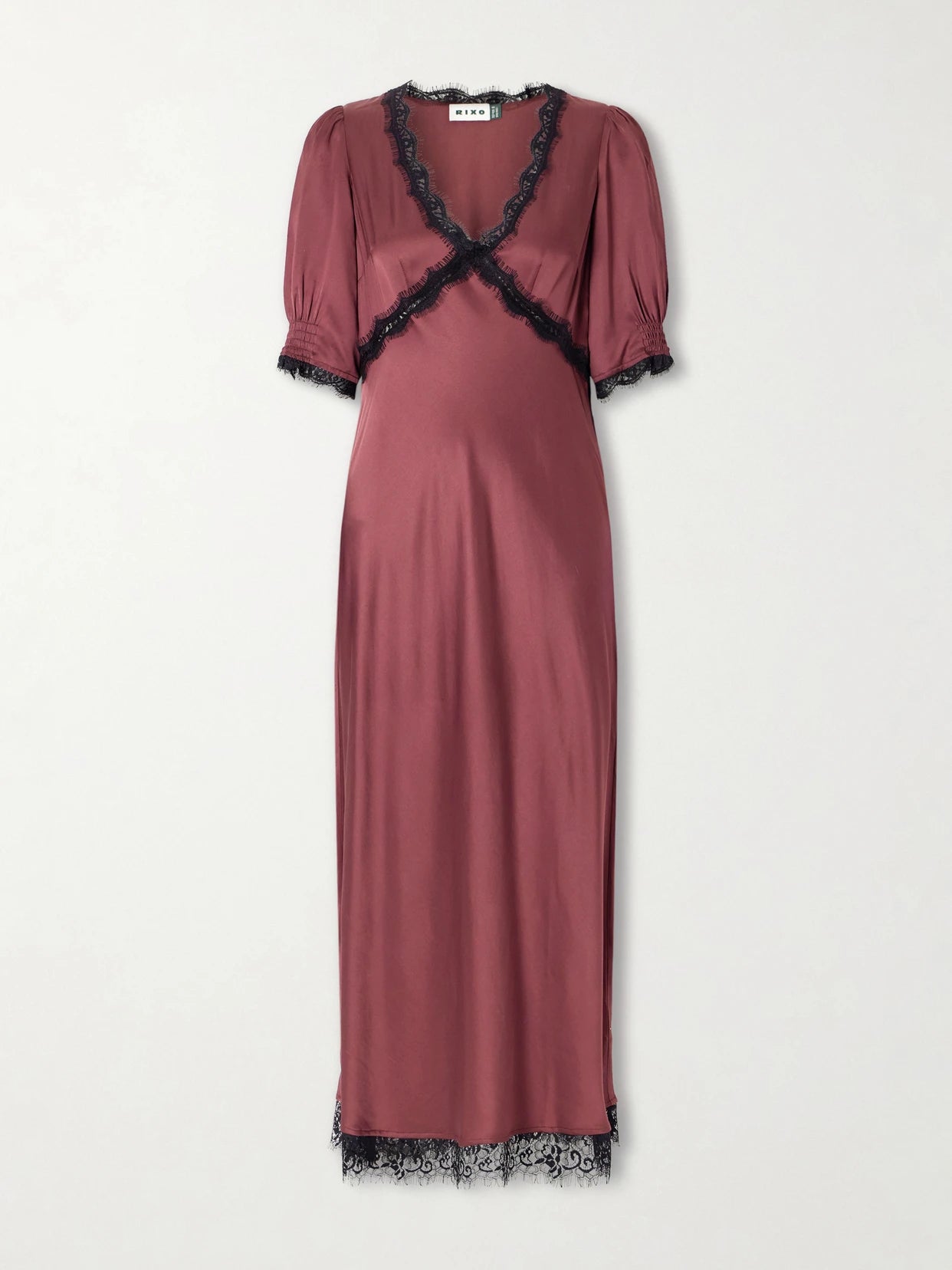 Image of Dresses. Product name - Annina Lace-trimmed Satin Midi Dress in Burgundy colour by brand - RIXO