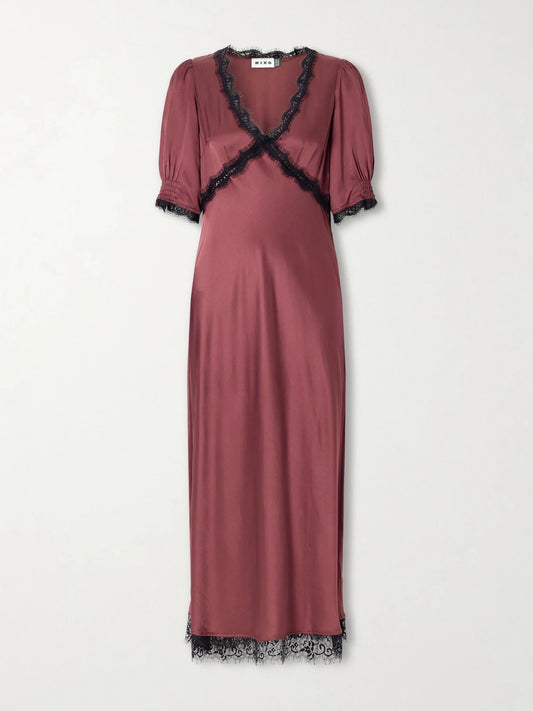 Image of Dresses. Product name - Annina Lace-trimmed Satin Midi Dress in Burgundy colour by brand - RIXO