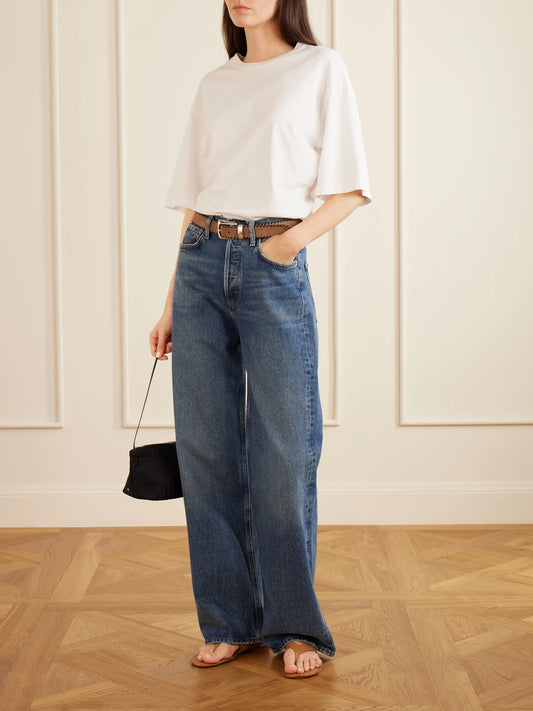 Image of Jeans. Product name - Ren Long High-rise Wide-leg Jeans in Dark denim colour by brand - AGOLDE