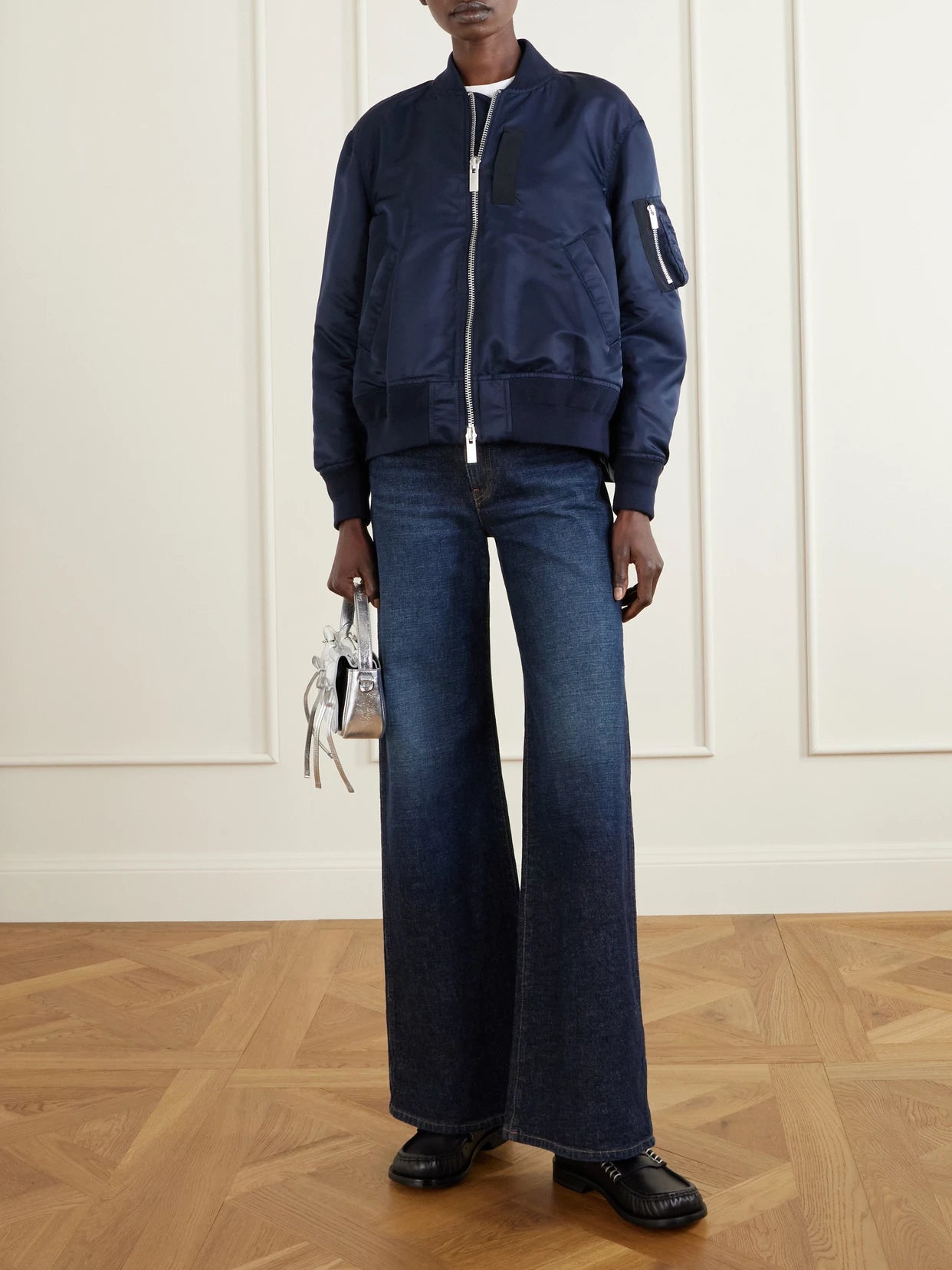 Image of Coats & Jackets. Product name - Pleated Padded Shell Bomber Jacket in Navy colour by brand - Sacai