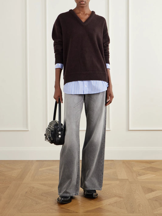 Image of a model wearing Outerwear. Product name - Layered Striped Poplin-trimmed Wool Sweater in Dark brown colour by brand - Acne Studios