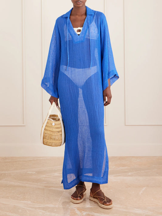 Image of Swimwear. Product name - Linen-blend Coverup in Blue colour by brand - Lisa Marie Fernandez