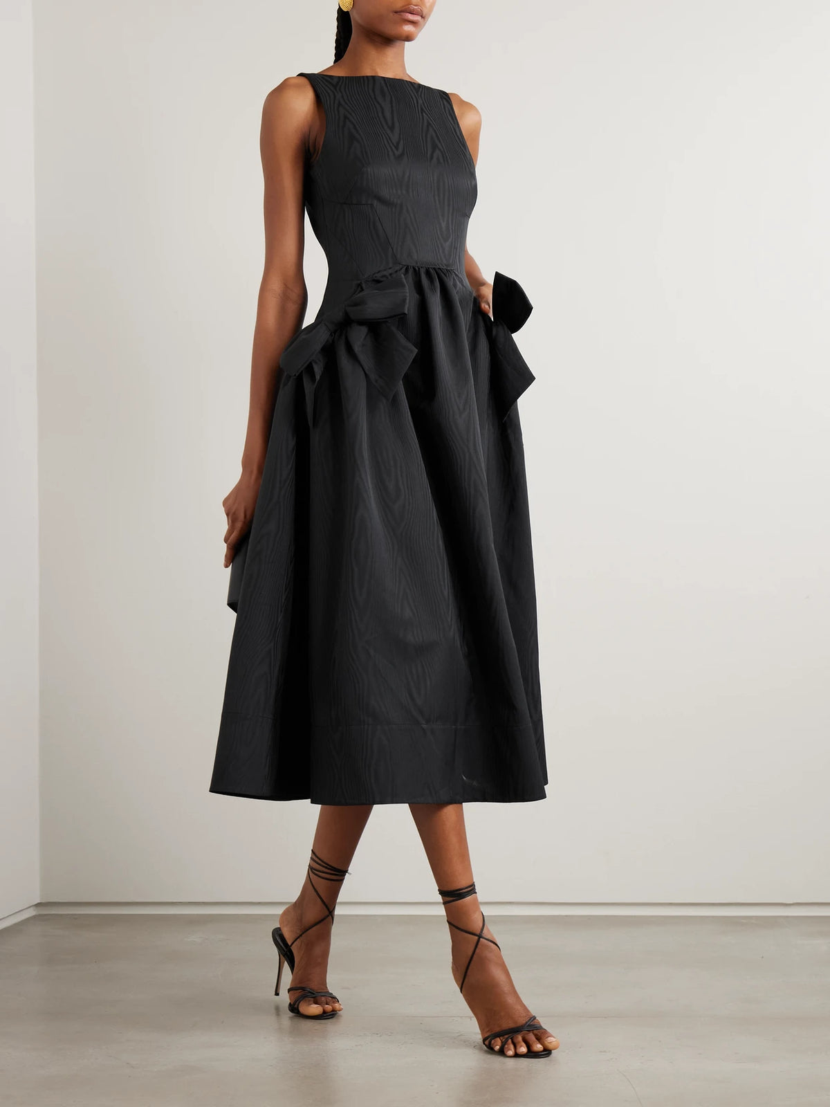 Image of Dresses. Product name - Narcissa Bow-embellished Gathered Moire Midi Dress in Black colour by brand - Rebecca Vallance