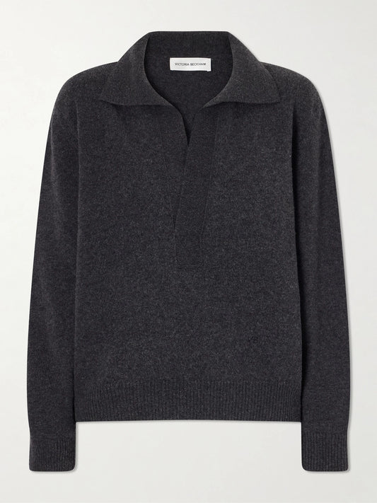 Image of a model wearing Outerwear. Product name - Genevieve Wool And Cashmere Polo Sweater in Gray colour by brand - Victoria Beckham