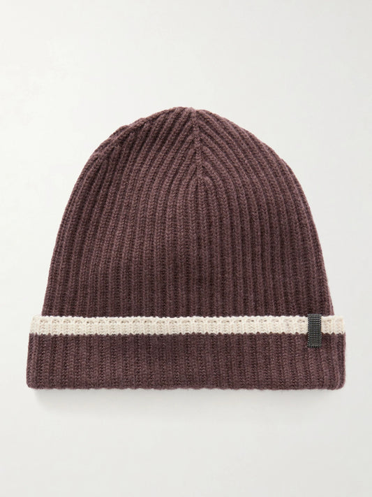 Embellished Striped Ribbed Cashmere Beanie
