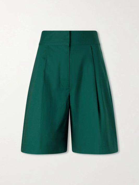 Image of a model wearing Shorts. Product name - Clio Pleated Cotton-blend Poplin Shorts in Green colour by brand - Proenza Schouler White Label