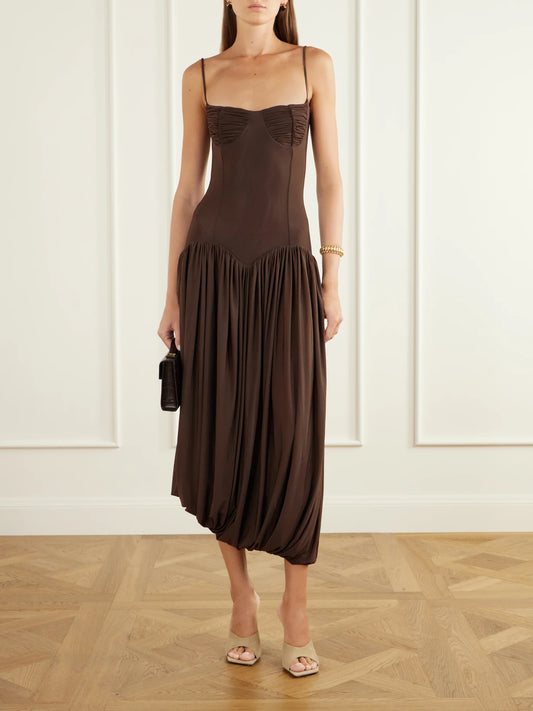 Image of Dresses. Product name - Ceniza Ruched Gathered Jersey Midi Dress in Brown colour by brand - Maygel Coronel