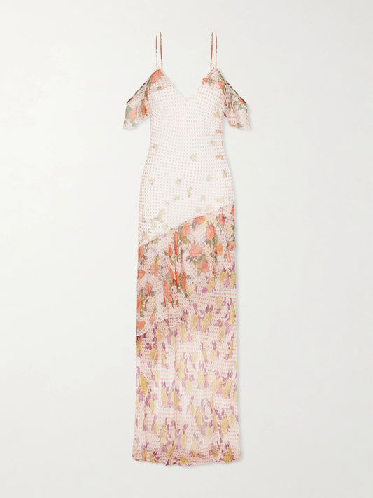 Image of Dresses. Product name - Pajaritos Y Rosas Printed Ruffled Silk-chiffon Maxi Dress in Multi colour by brand - Donde Esteban