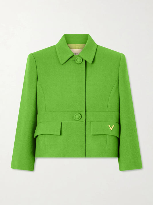 Image of Coats & Jackets. Product name - Cropped Wool-crepe Jacket in Bright green colour by brand - Valentino Garavani