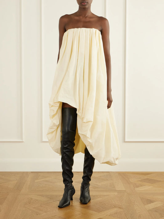Image of Dresses. Product name - Strapless Gathered Taffeta Midi Dress in Off-white colour by brand - Jil Sander