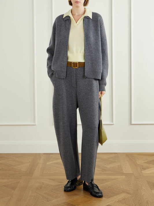 Image of a model wearing Pants. Product name - Wrenda Cashmere Barrel-leg Pants in Gray colour by brand - LISA YANG