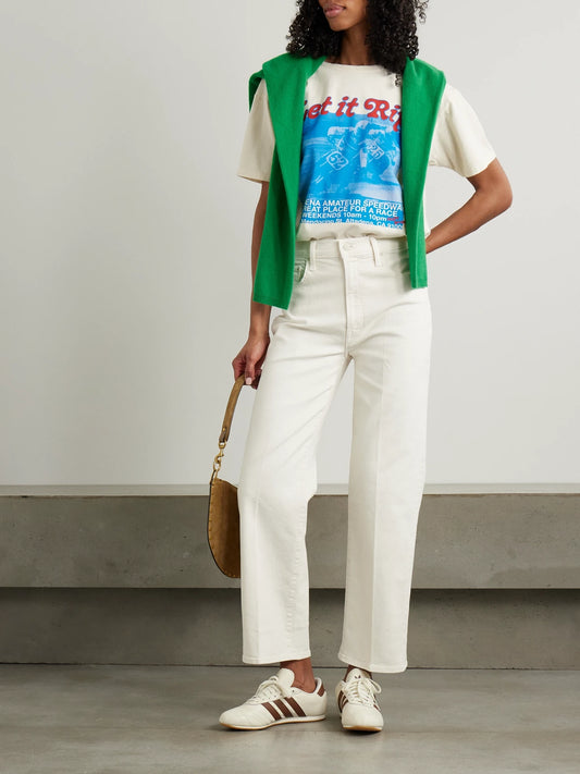 Image of Jeans. Product name - The Rambler Zip Ankle Cropped Straight-leg Jeans in Cream colour by brand - Mother
