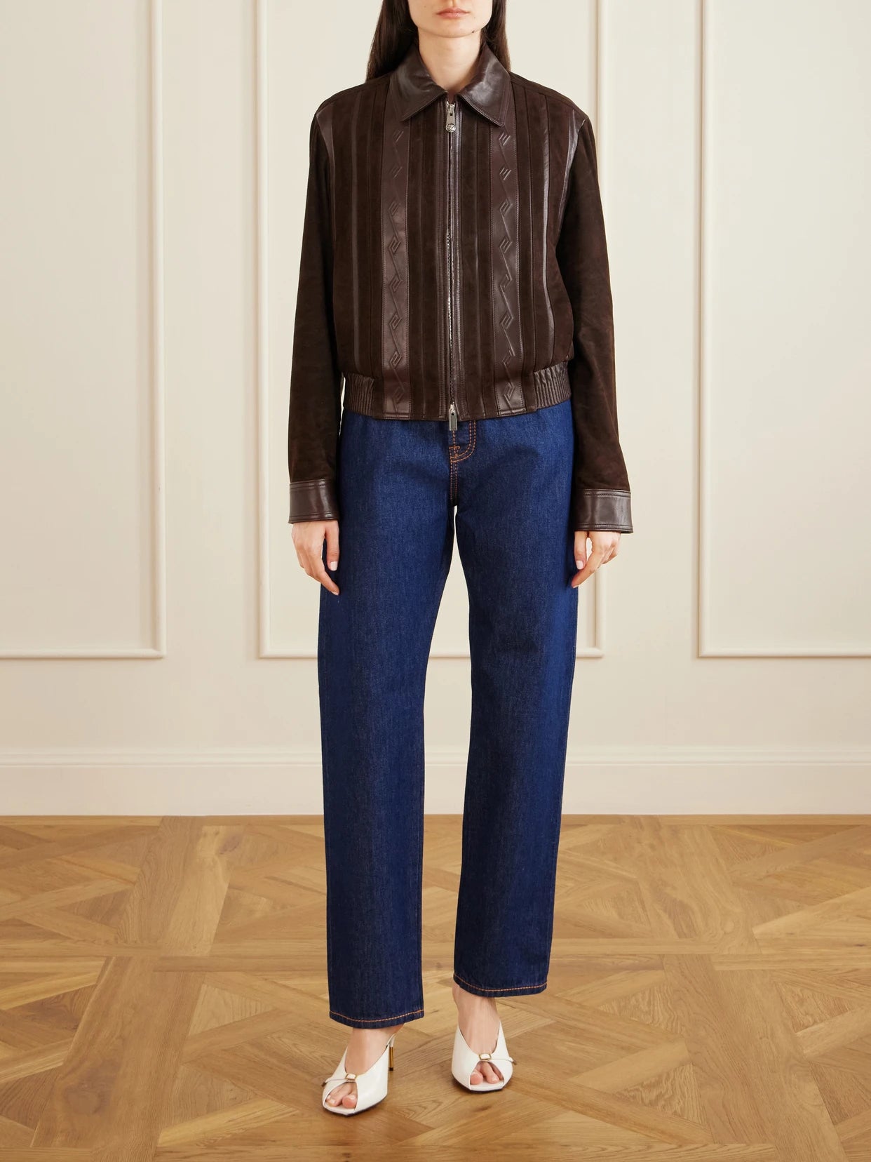Image of Coats & Jackets. Product name - Greca-embossed Leather And Suede Jacket in Brown colour by brand - Versace