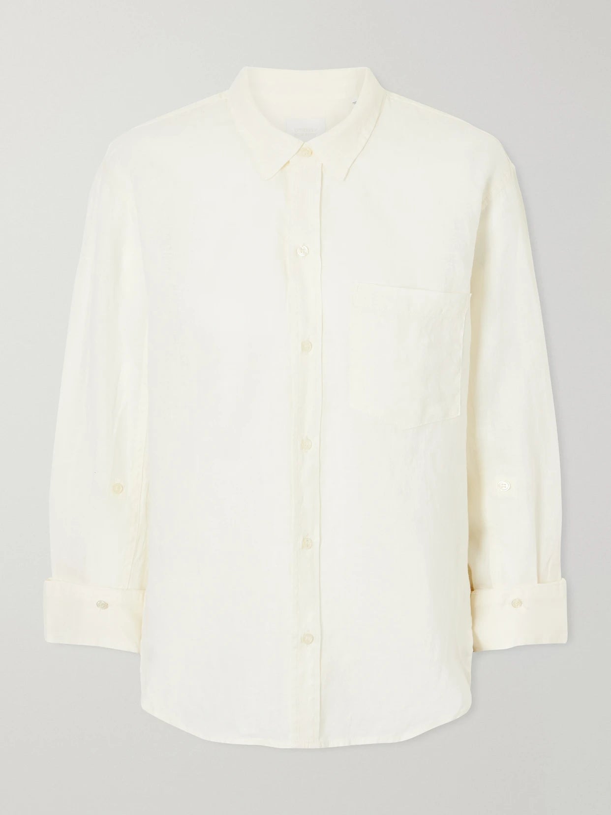 Image of a model wearing Tops. Product name - Kayla Shrunken Linen Shirt in Cream colour by brand - Citizens of Humanity
