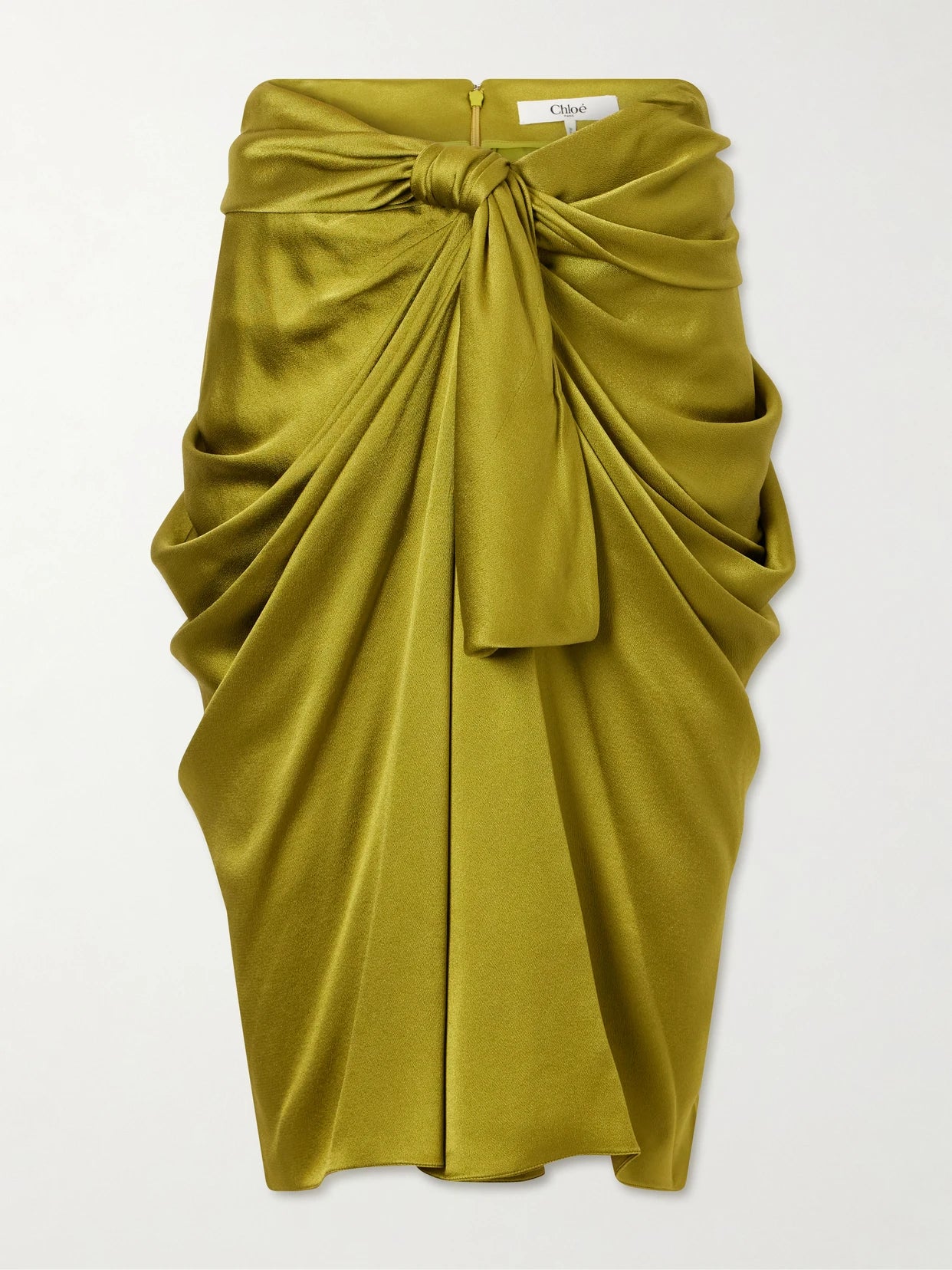 Image of a model wearing Skirts. Product name - Twist-front Silk-crepe De Chine Midi Skirt in Green colour by brand - Chloé