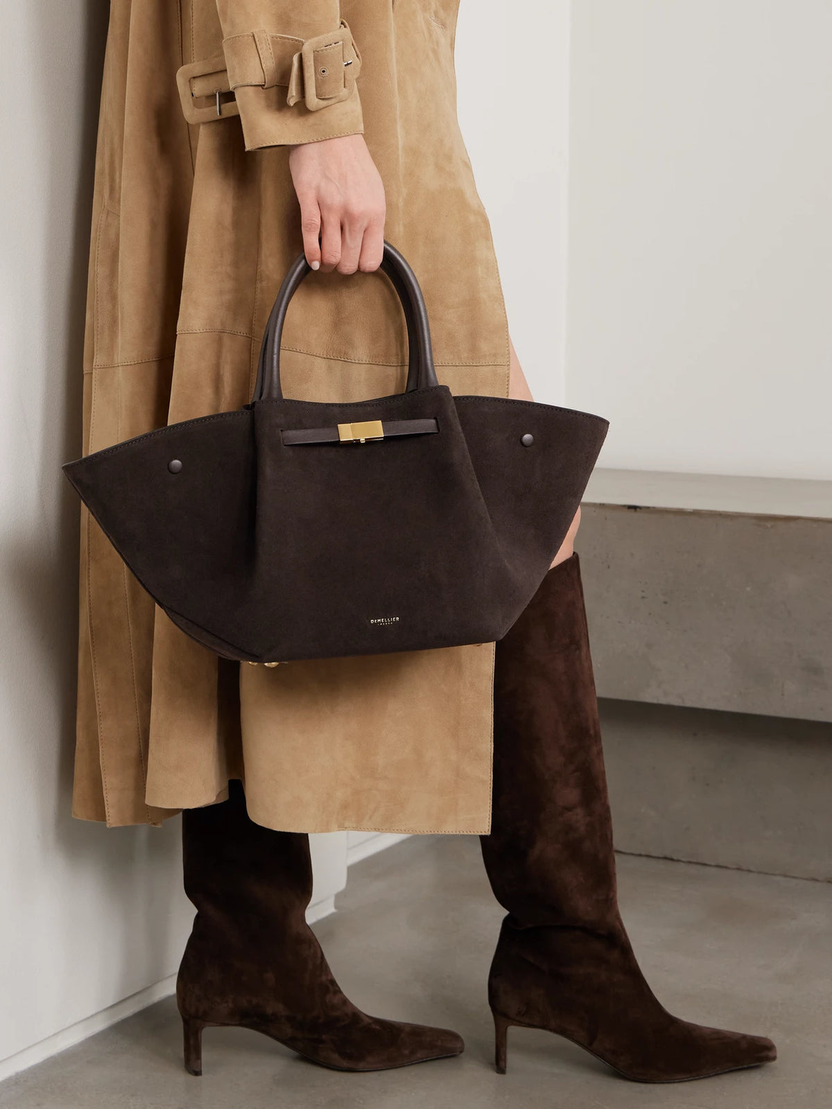 Image of Bags. Product name - The New York Midi Leather-trimmed Suede Tote in Chocolate colour by brand - DeMellier