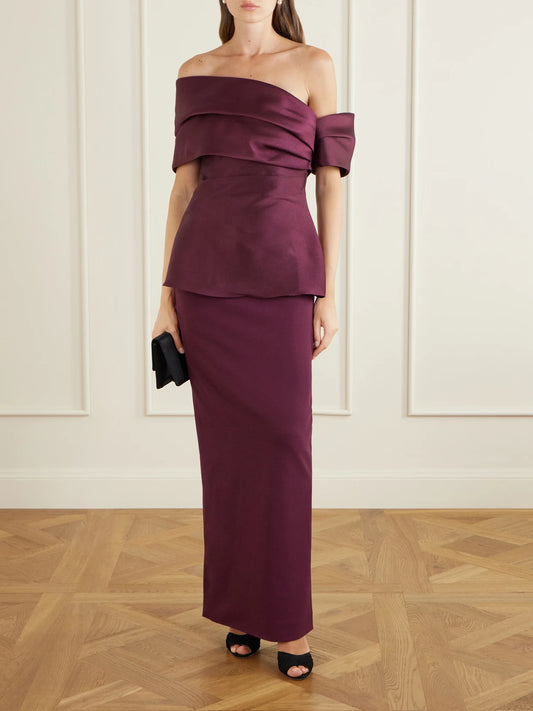 Image of Dresses. Product name - Lucine Off-the-shoulder Satin-twill Gown in Dark purple colour by brand - Solace London