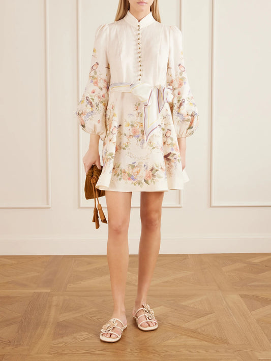Image of Dresses. Product name - Valiant Belted Floral-print Linen Mini Dress in Cream colour by brand - Zimmermann