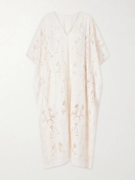 Image of Dresses. Product name - Atrani Embroidered Cotton-blend Midi Dress in Cream colour by brand - Loretta Caponi