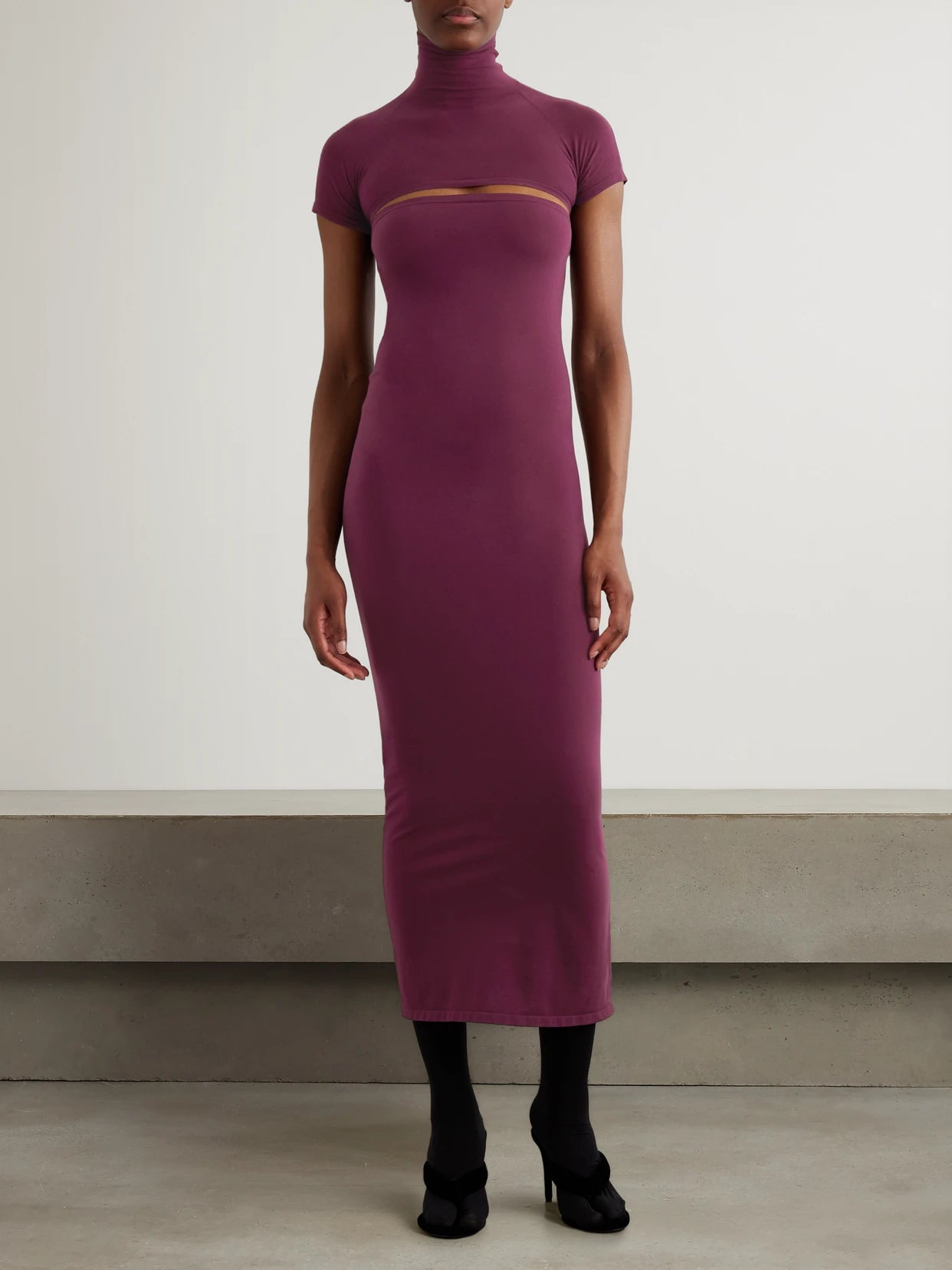 Image of Dresses. Product name - Stretch-jersey Turtleneck Midi Dress in Burgundy colour by brand - Alaïa