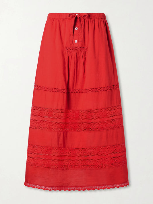 Image of a model wearing Skirts. Product name - Pippa Lace-trimmed Cotton Midi Skirt in Red colour by brand - Sea