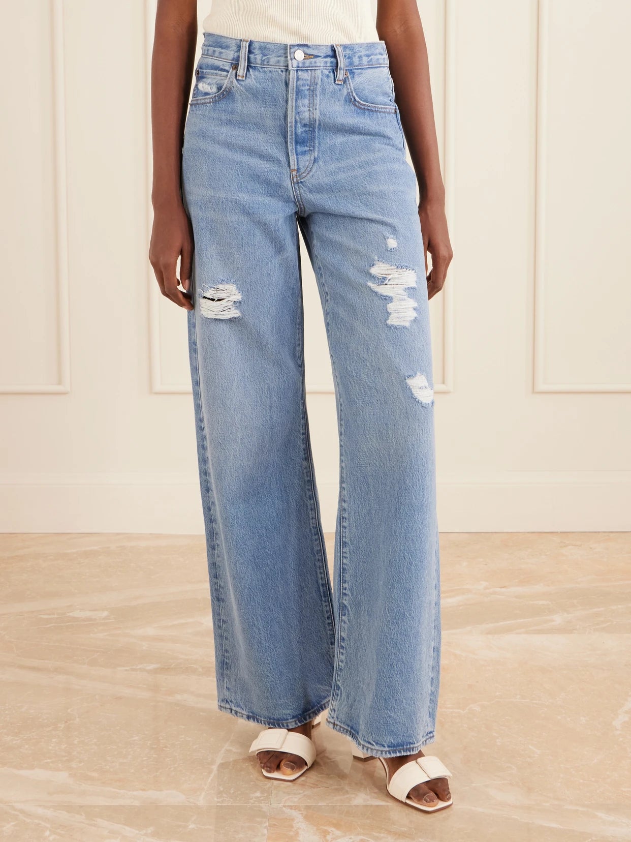 Low Slung Relaxed Wide Distressed Low-rise Wide-leg Jeans