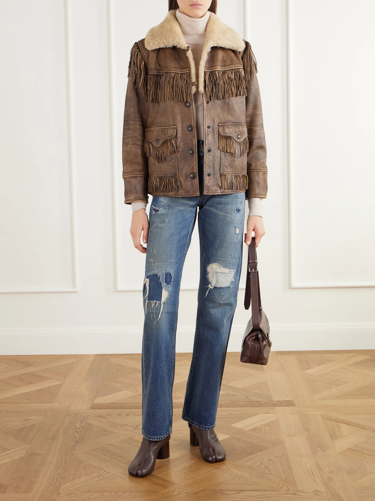 Image of Coats & Jackets. Product name - Fringed Shearling-trimmed Leather Jacket in Brown colour by brand - RRL