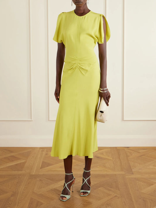 Image of Dresses. Product name - Bela Gathered Satin Midi Dress in Chartreuse colour by brand - Victoria Beckham
