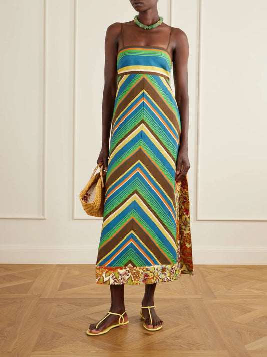 Image of Dresses. Product name - Charlie Striped Floral-print Linen Midi Dress in Multi colour by brand - ALÉMAIS