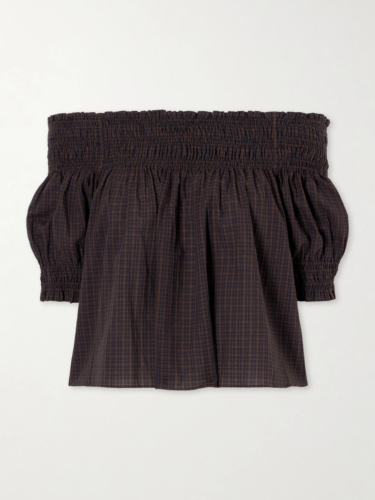 Shirred Off-the-shoulder Checked Cotton Blouse