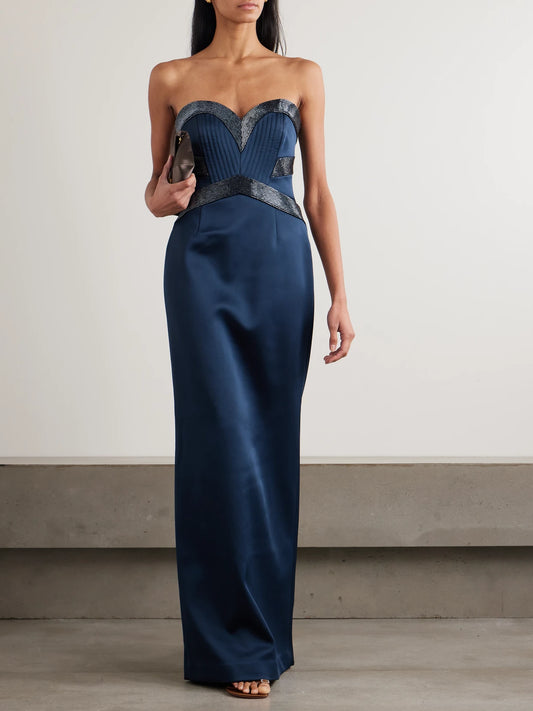 Image of Dresses. Product name - Elivera Strapless Bead-embellished Satin Gown in Navy colour by brand - Rebecca Vallance