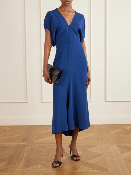 Image of Dresses. Product name - Edith Crepe Midi Dress in Navy colour by brand - Victoria Beckham