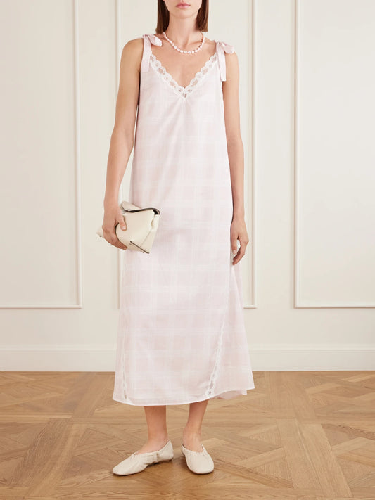Image of Dresses. Product name - Marylin Gingham Lace-trimmed Cotton Maxi Dress in Multi colour by brand - Posse
