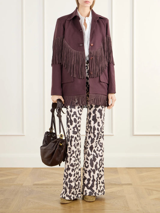 Image of Coats & Jackets. Product name - Bead-embellished Fringe-trimmed Cotton-twill Jacket in Brown colour by brand - ALIX OF BOHEMIA