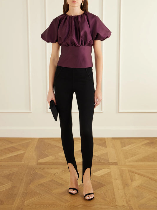 Image of a model wearing Tops. Product name - Gathered Taffeta Top in Purple colour by brand - Self-Portrait