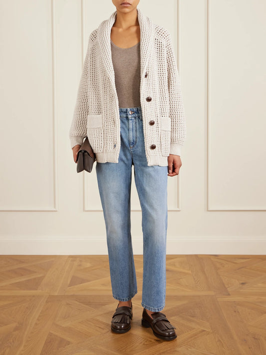 Image of a model wearing Outerwear. Product name - Open-knit Cotton-blend Cardigan in Beige colour by brand - Brunello Cucinelli