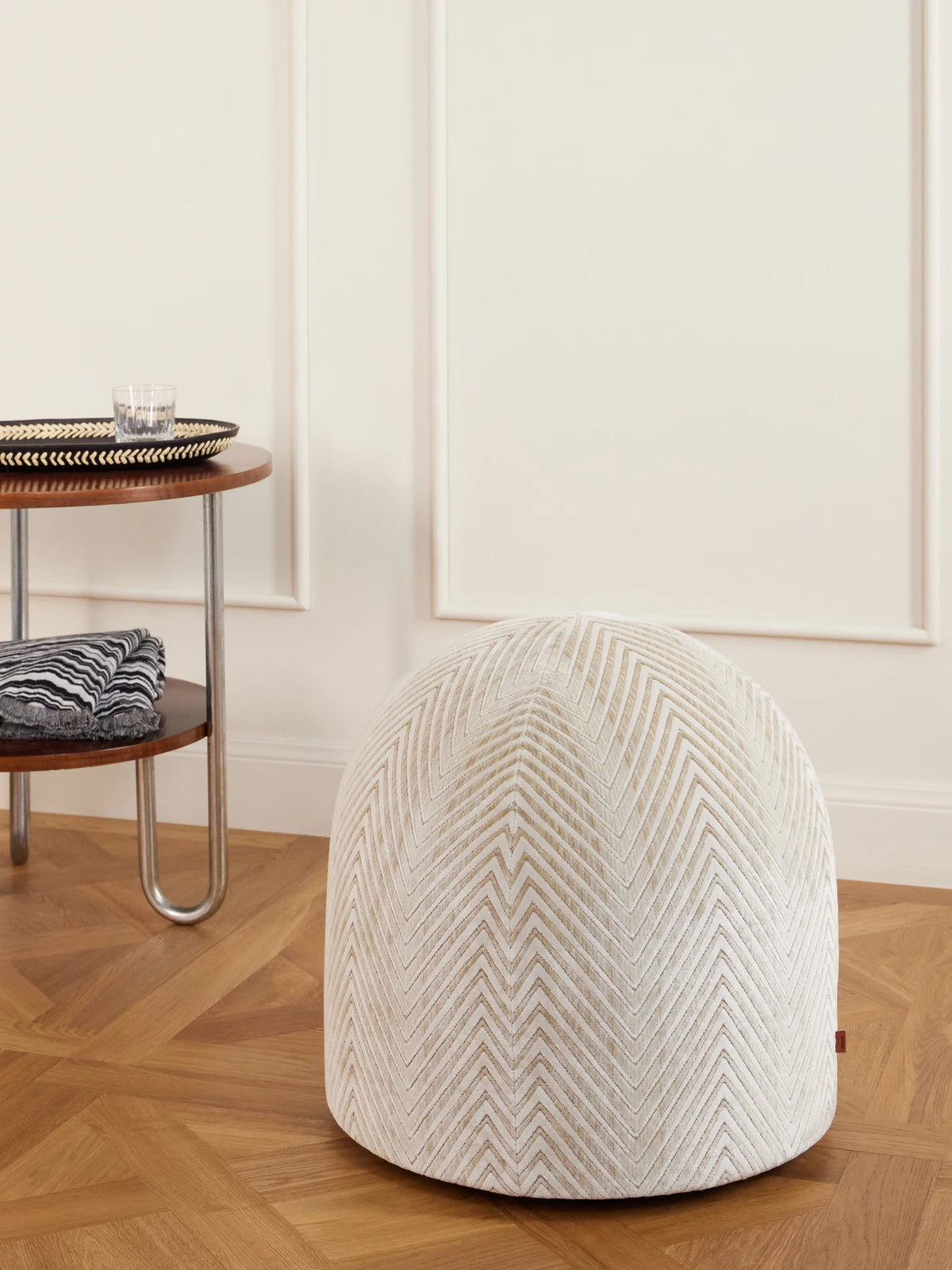 Image of Chair & Sofa Cushions. Product name - Ziggy Striped Velvet Pouf in Off-white colour by brand - MISSONI HOME