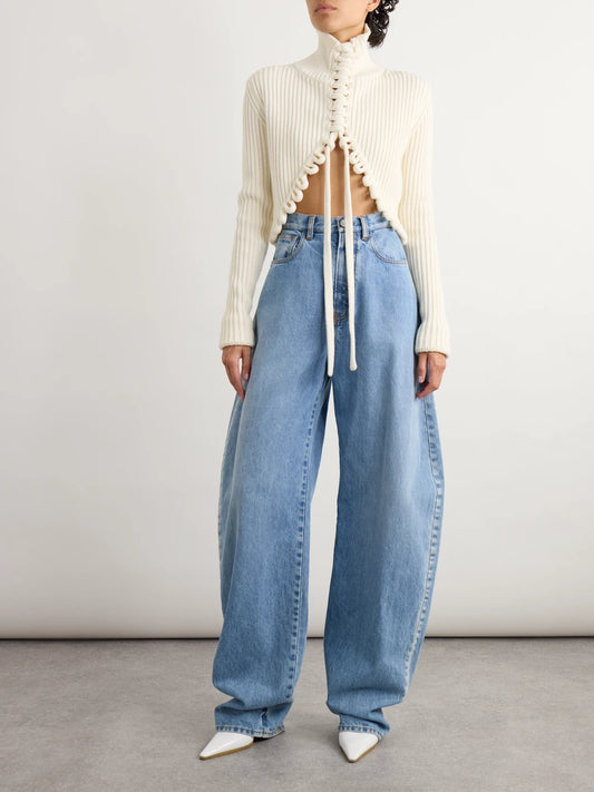 Image of Jeans. Product name - Round High-rise Barrel-leg Jeans in Light denim colour by brand - Alaïa