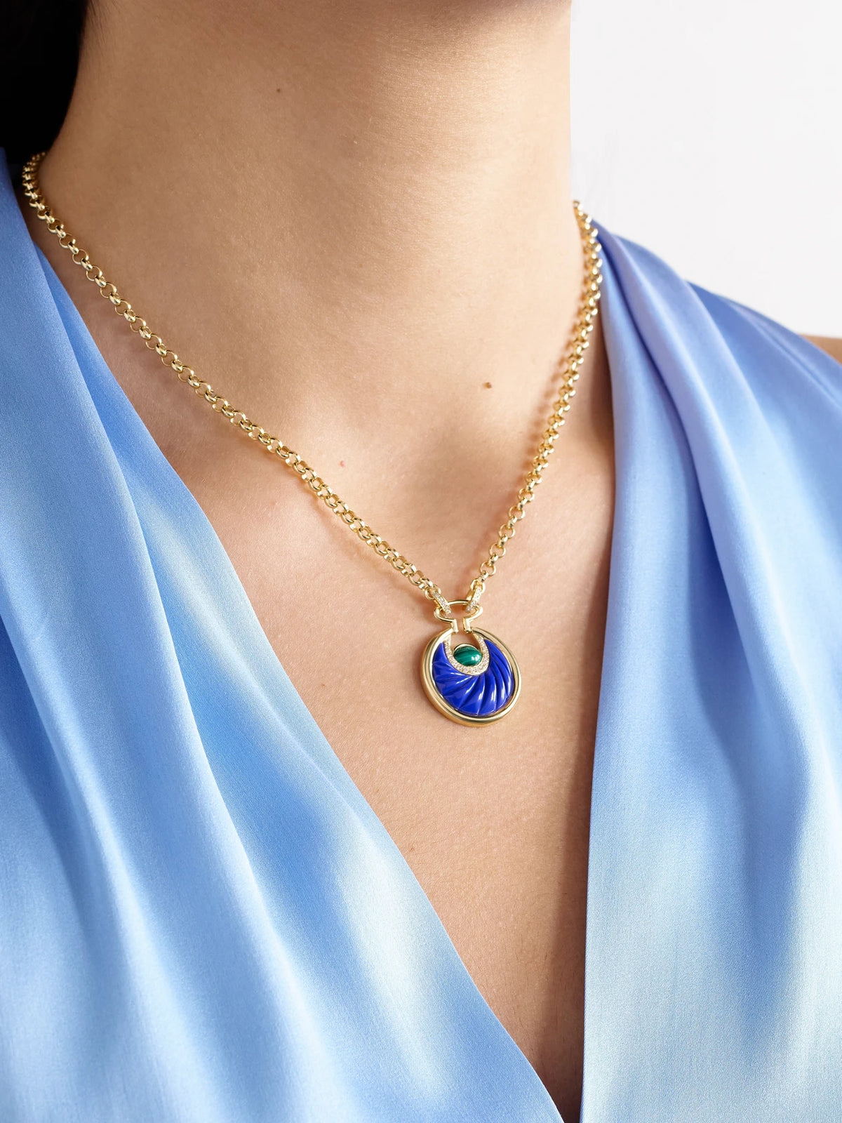 Image of Necklaces. Product name - Circus Moon Big 18-karat Gold Multi-stone Necklace in Blue colour by brand - L'Atelier Nawbar