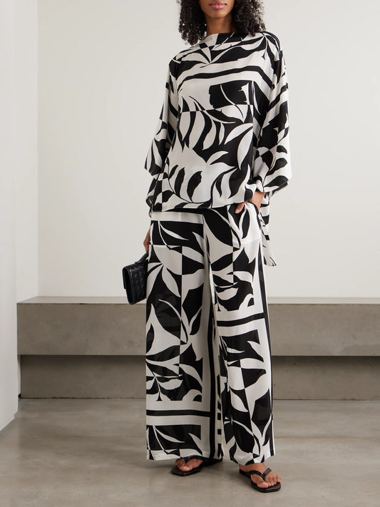Image of Swimwear. Product name - Beachwear Draped Printed Silk Crepe De Chine Blouse in Black colour by brand - Max Mara