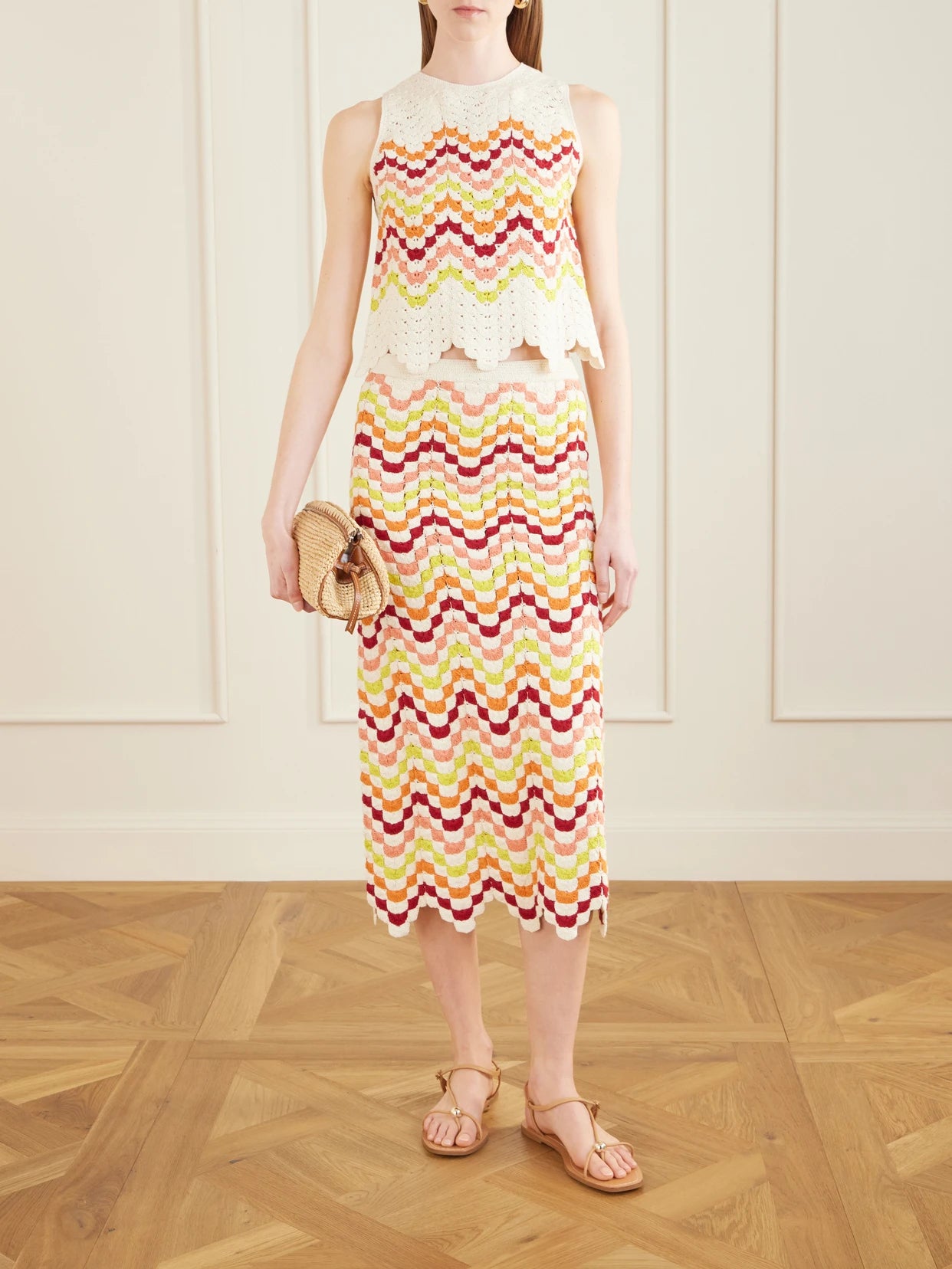 Image of a model wearing Tops. Product name - Cuenca Striped Crocheted Cotton Tank in Multi colour by brand - ESCVDO