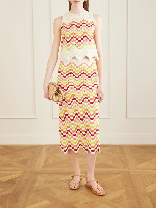 Image of a model wearing Tops. Product name - Cuenca Striped Crocheted Cotton Tank in Multi colour by brand - ESCVDO