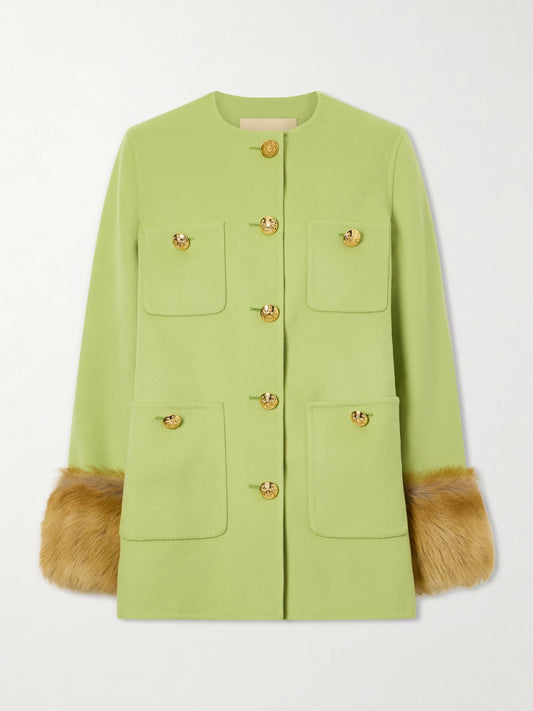 Image of Coats & Jackets. Product name - Shearling-trimmed Wool And Cashmere-blend Coat in Light green colour by brand - Valentino Garavani